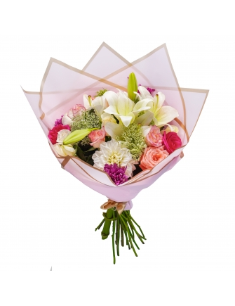 Bouquet Lys & Romance avec lys blancs et roses fraîches – création florale élégante par Fleuriste Marrakech