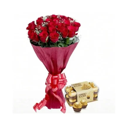 Bouquet de roses rouges avec chocolats Ferrero Rocher – Cadeau romantique Fleuriste Marrakech