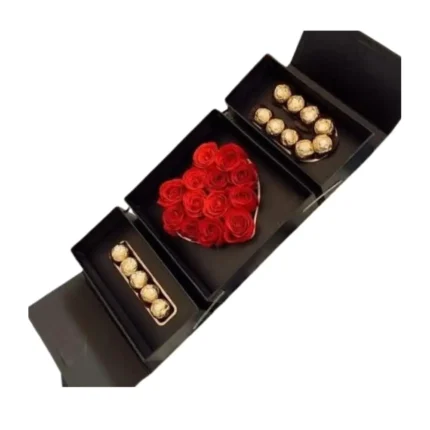 Coffret Deep Love avec cœur de roses rouges et chocolats Ferrero Rocher – Fleuriste Marrakech