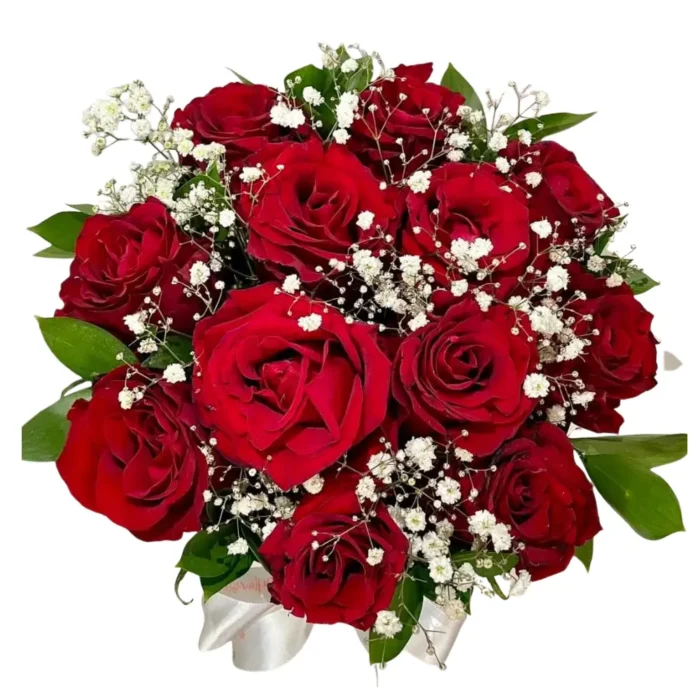 Nuit d’Amour boîte de roses rouges avec gypsophile - Fleuriste Marrakech