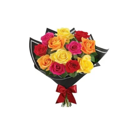 Bouquet de roses multicolores avec emballage noir et ruban rouge – Arc-en-Fleurs