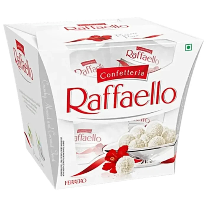 Boîte élégante de confiseries Raffaello Ferrero à la noix de coco et amande, gourmandise raffinée idéale pour offrir.