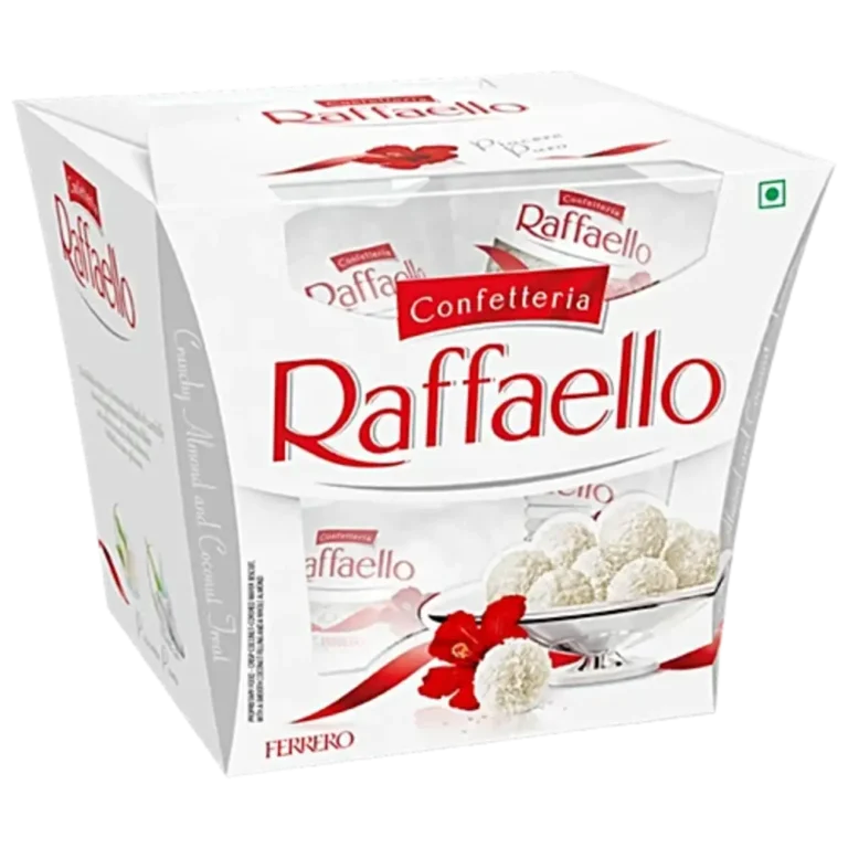 Boîte élégante de confiseries Raffaello Ferrero à la noix de coco et amande, gourmandise raffinée idéale pour offrir.